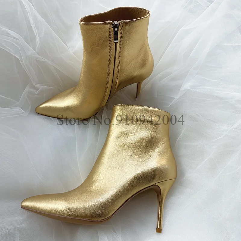 

Женские Фетиш ботинки из натуральной кожи на шпильке 10 см высокий каблук золотистые серые короткие ботильоны ботинки на молнии сбоку
