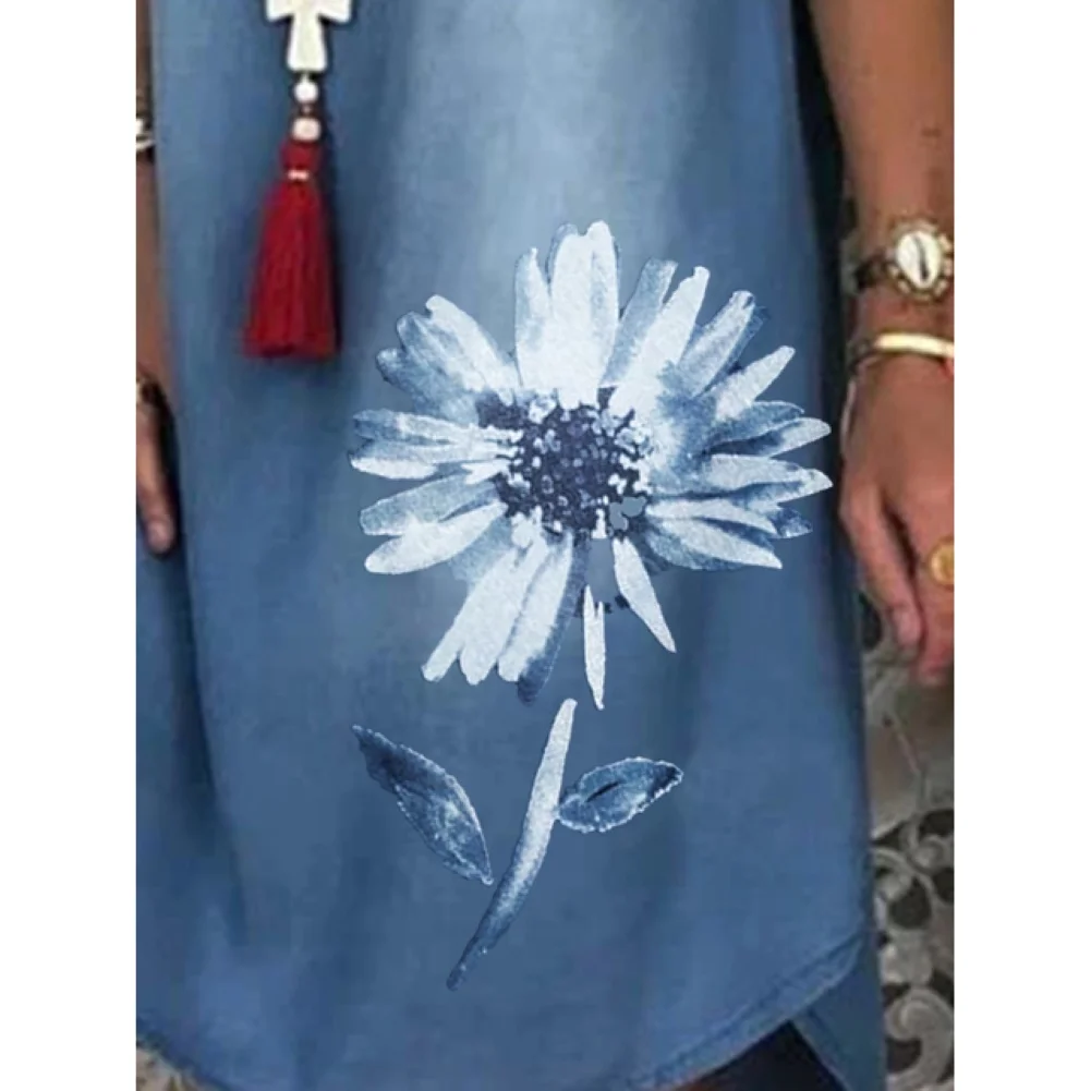 

Fashion Women Short Sleeve Chrysanthemum Print Irregular Hem Loose Denim Dress