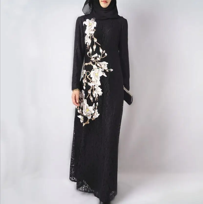 Кружевной кафтан индонезийский Абая черное платье халат Femme Musulman Vestiti Hijab черные
