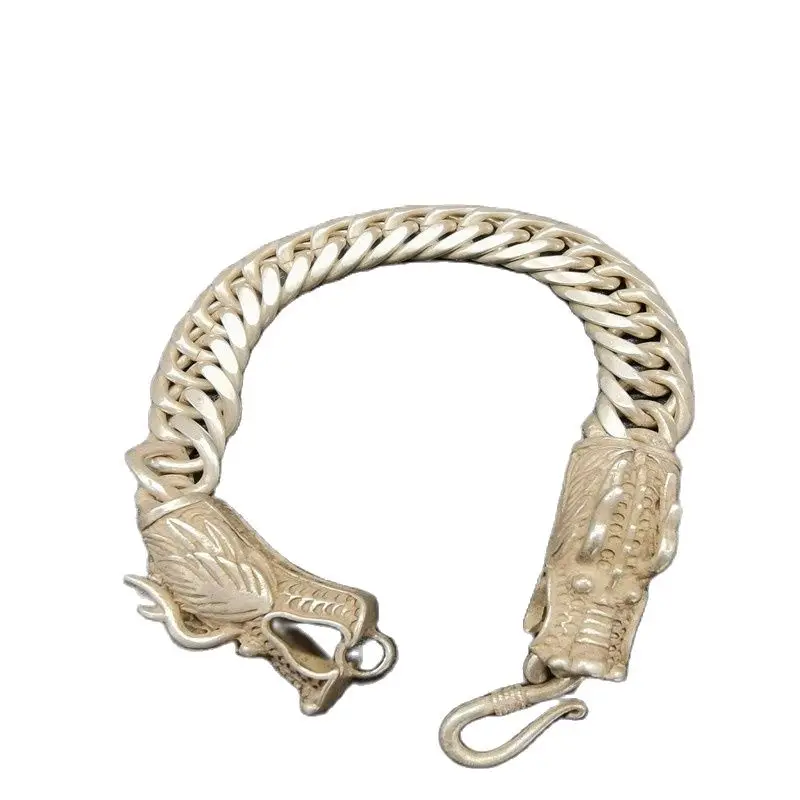 

Chinese Old Tibet Silver Carving Tibetan Silver Double Dragon Bracelet