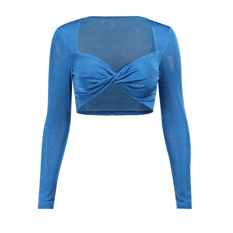 

InstaHot Folds Sexy Cropped Top T Shirt V Neck Vintage Long Sleeve Slim Casual Knitted Open Stitch Women 2021 Streetwear Tee Top