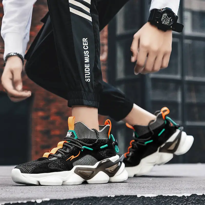 

2020 Beige Knitting Men's High Top Sneakers Bounce Chunky Sport Shoes For Male Anti-slip Platform Trainers Men zapatillas hombre