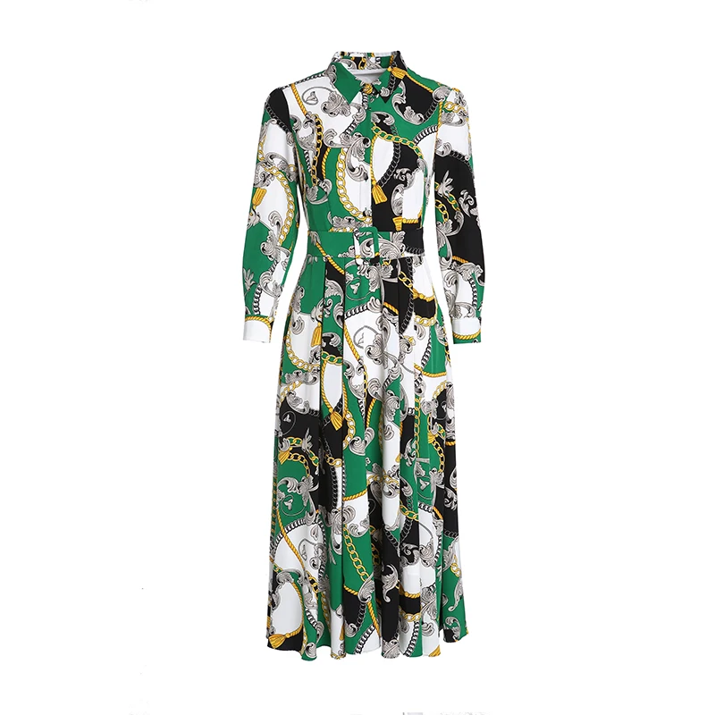 

Europe And America Fashion Catwalks New Style WOMEN'S Dress Fold-down Collar Slim Fit Printed Dress Single Breasted Dress