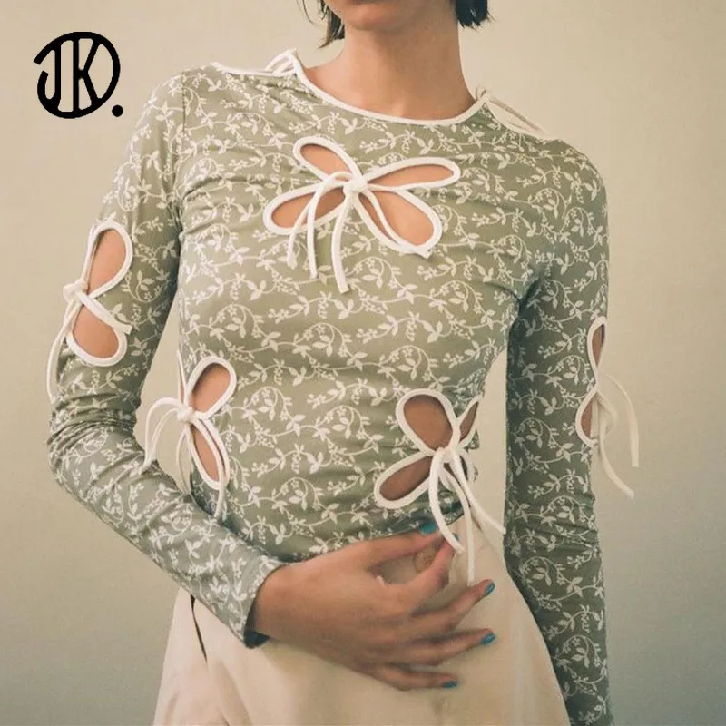 

Fashion Round Neck Floral Bow Hollow T-shirt Sexy Lace-up Slim Long-sleeved Bottoming Tees T Shirt For Ladies Printed Party Tops