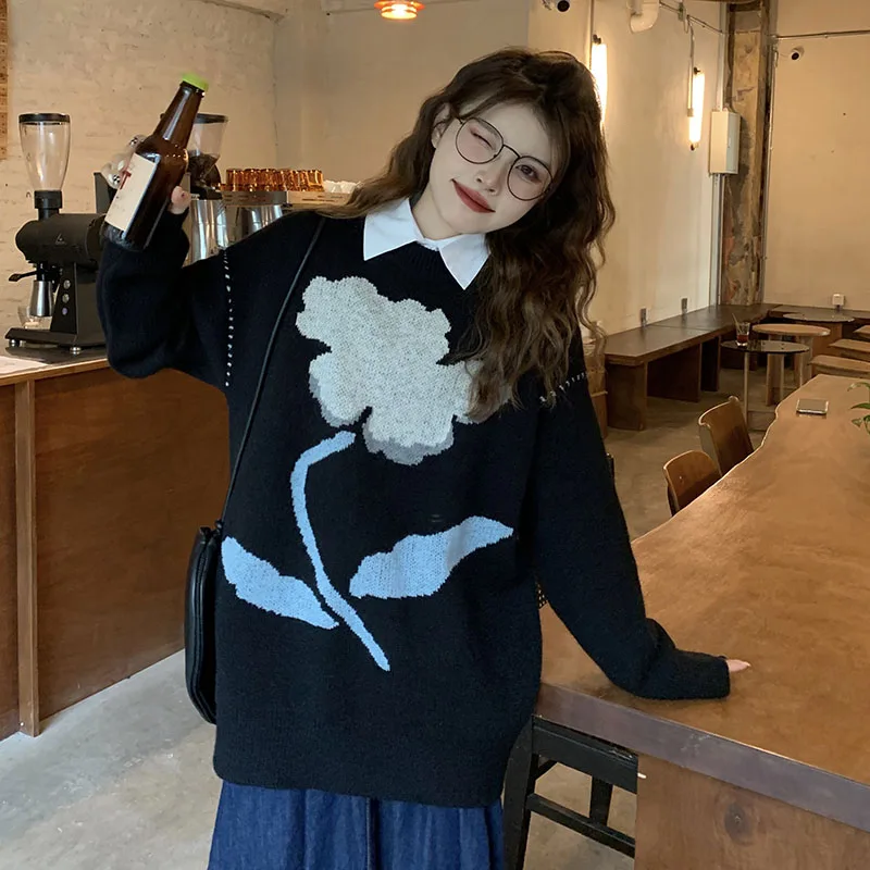 

Autumn New Women'S Pullover Sweater Fashion Flower Printted O-Neck Long Sleeve Harajuku Knitwear Korean Sweet Lazy Ins Loose Top