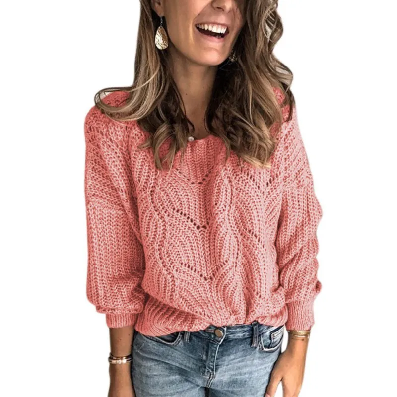 

Autumn Women Hollow out Sweater Long Sleeve V-neck Knitted Sweater Casual Striped Pullover Jumpers