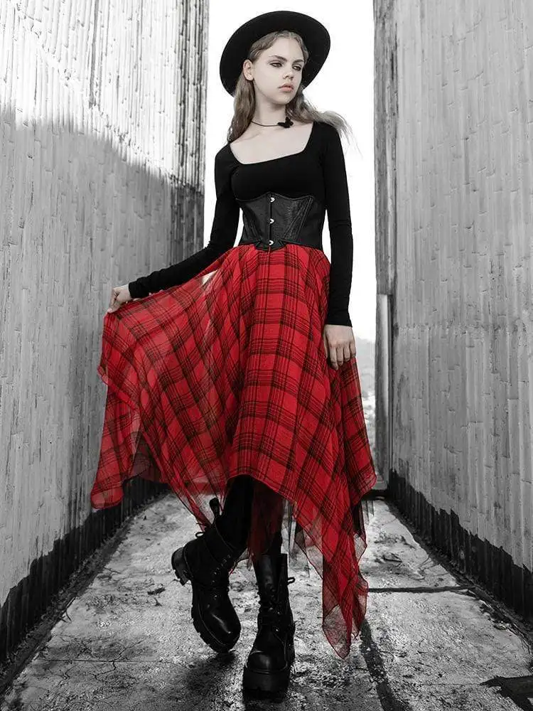 Панк Rave женские Асимметричный Подол кружева Overlaide плед Юбки PQ 744BQ Азиатский