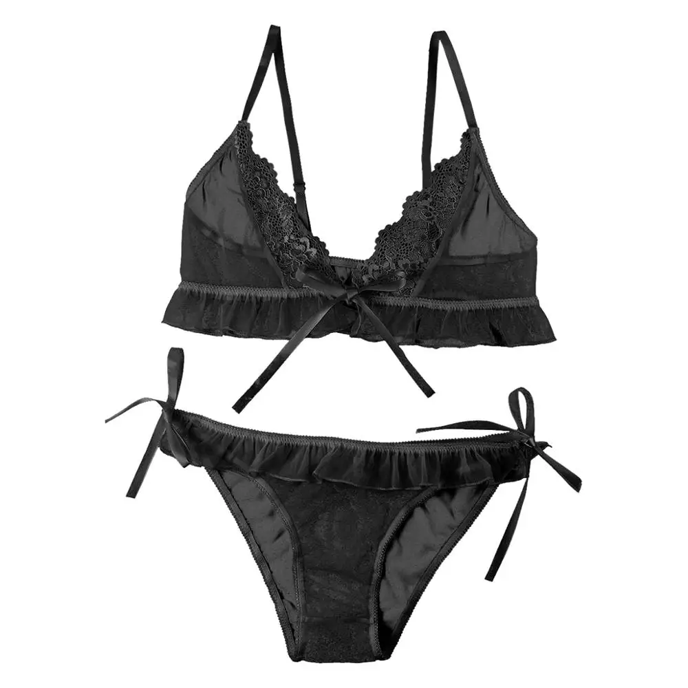 

Mens Exotic Lingerie Set Sissy Nightwear See Through Sheer Mesh Lingerie V Neck Lace Trim Bra Top with Tie Side Briefs Underwear