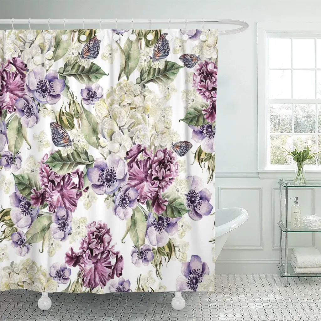 Винтажные яркие акварельные шторы фиолетового цвета с цветами розами ирисами и