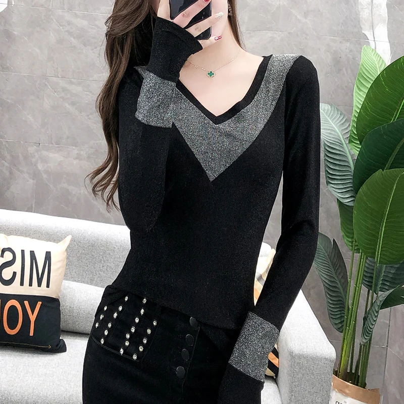 

동대문 2021 T-Shirt Sexy V-Neck Patchwork Shiny Bright Gold Women Tops Bottoming Shirt Tees New