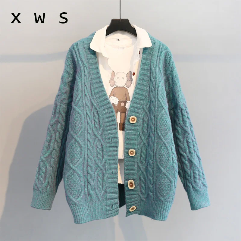 

2020 V neck Long Sweater and Cardigans Long Sleeve Button Up Twisted Loose Knit Jacket Oversized Casual Coat Knitwear