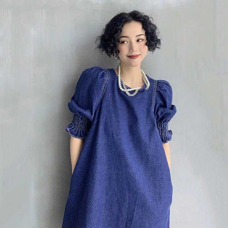 

DEAT 2021 New Spring And Autumn Fashion Casual Short Sleeve Street Round Neck Lotus Sleeve A-line Denim Dress For Women's SL358