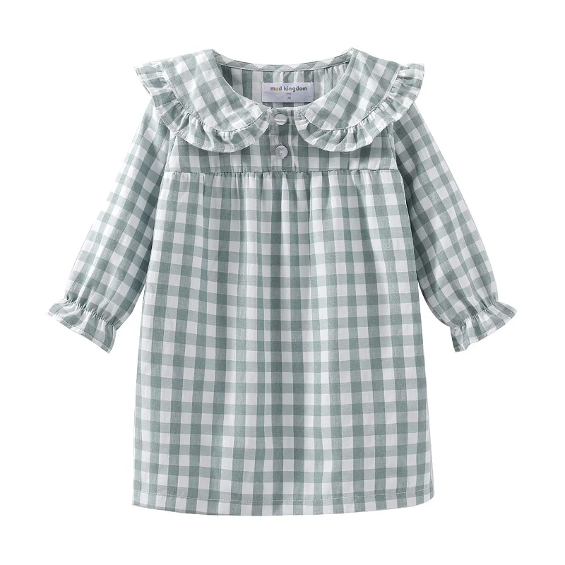 Mudkingdom Ruffle Collar Girls Nightgowns Plaid Long Sleeve Toddler Pajamas Dress Peter Pan Cute Sleep Shirts Girl Homewear