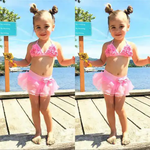 

Kid Baby Child Beachwear Bikini Set Swimming Costume Bathing Suit Girls Pink Flower Swimsuit Lace Swimwear