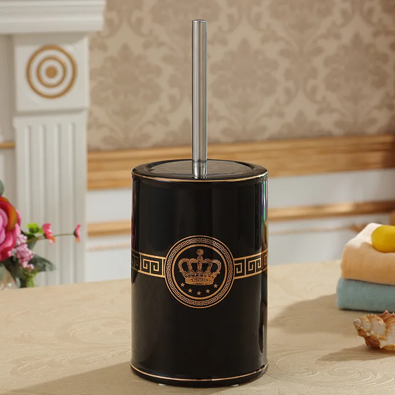 

Ceramics Toilet Brush Holder/Rack Set Standing Durable Type Removable Bathroom Cleaning Tools European Style Black/Ivory