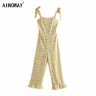 Винтажные шикарные женские желтые Комбинезоны с цветочным принтом без рукавов на лямках комбинезон Бохо женские хлопковые комбинезоны в богемном стиле