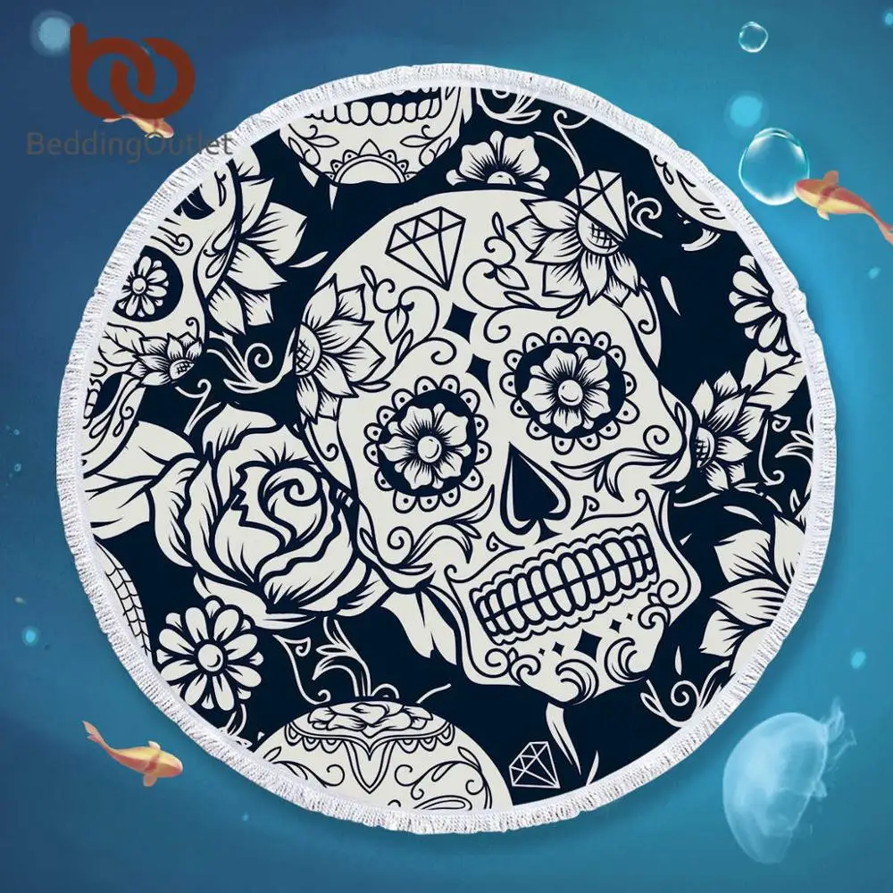 

BeddingOutlet Sugar Skull Round Beach Towel for Adults Microfiber Gothic Bath Towel With Tassels Floral Large Yoga Mat 150cm
