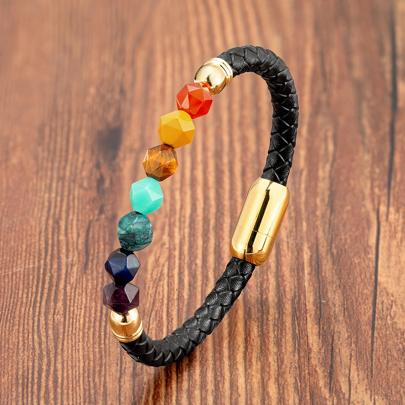 

Chakra Stone Beads,Women Bracelet,Classic,Black Braided Leather Rope,Bracelet For Men,Natural Crystal Bracelets,Yoga Jewelry