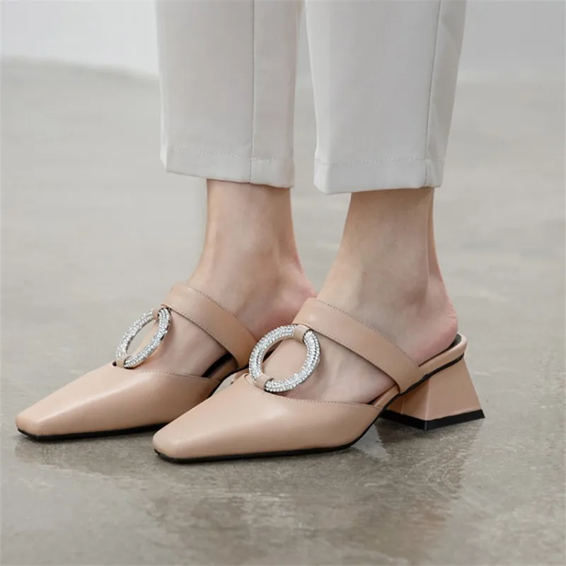 Мюли PXELENA женские со стразами Дизайнерские летние тапочки из натуральной кожи на