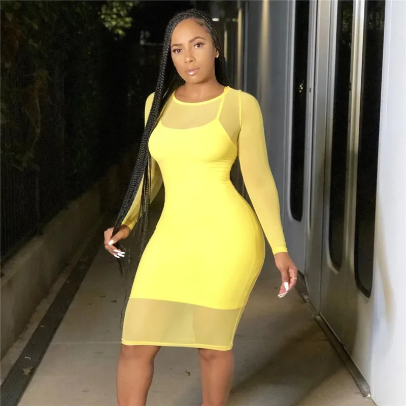 WJFZQM женское прозрачное Сетчатое сексуальное платье осеннее облегающее миди с