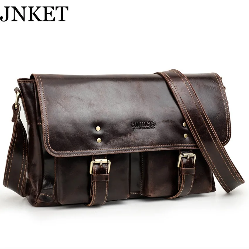 JNKET New Retro Men's Cow Leather Shoulder Bag Large Capacity Messenger Bag Crossbody Bags Leisure Sling Bag