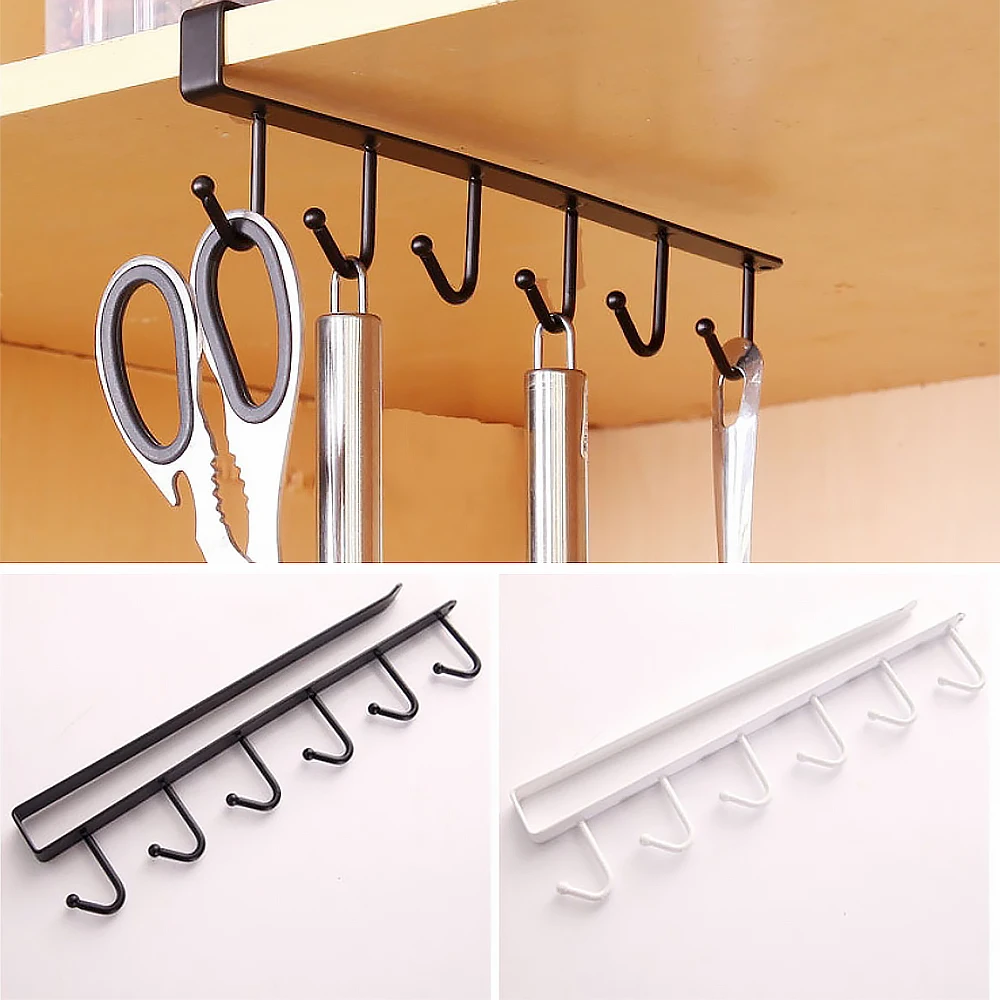 

Metal Iron 6 Hooks Under Cabinet Storage Rack Coffee Cup Mug Organizer Holder Kitchen Cupboard Shelf Hanger Hanging Racks