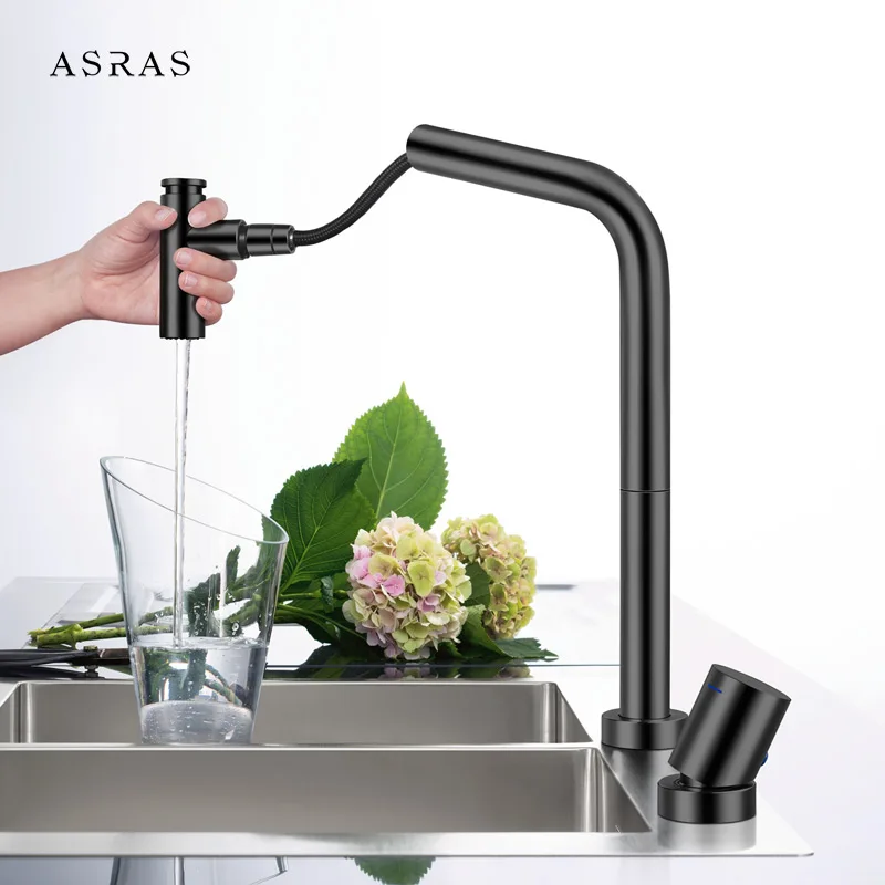 asras as 4042 304 stainless steel kitchen faucet pull out lead free matt black water mixer tap sprayer free shipping free global shipping
