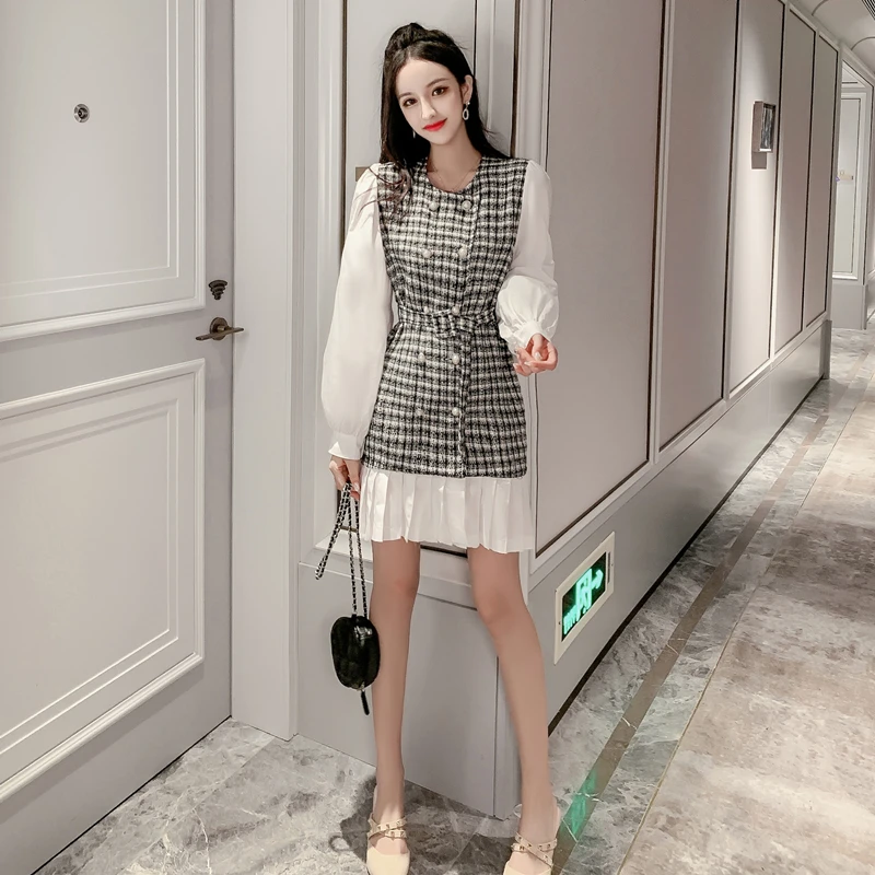 Клетчатое платье женское 2019 осень Новое Женское французское офисное винтажное