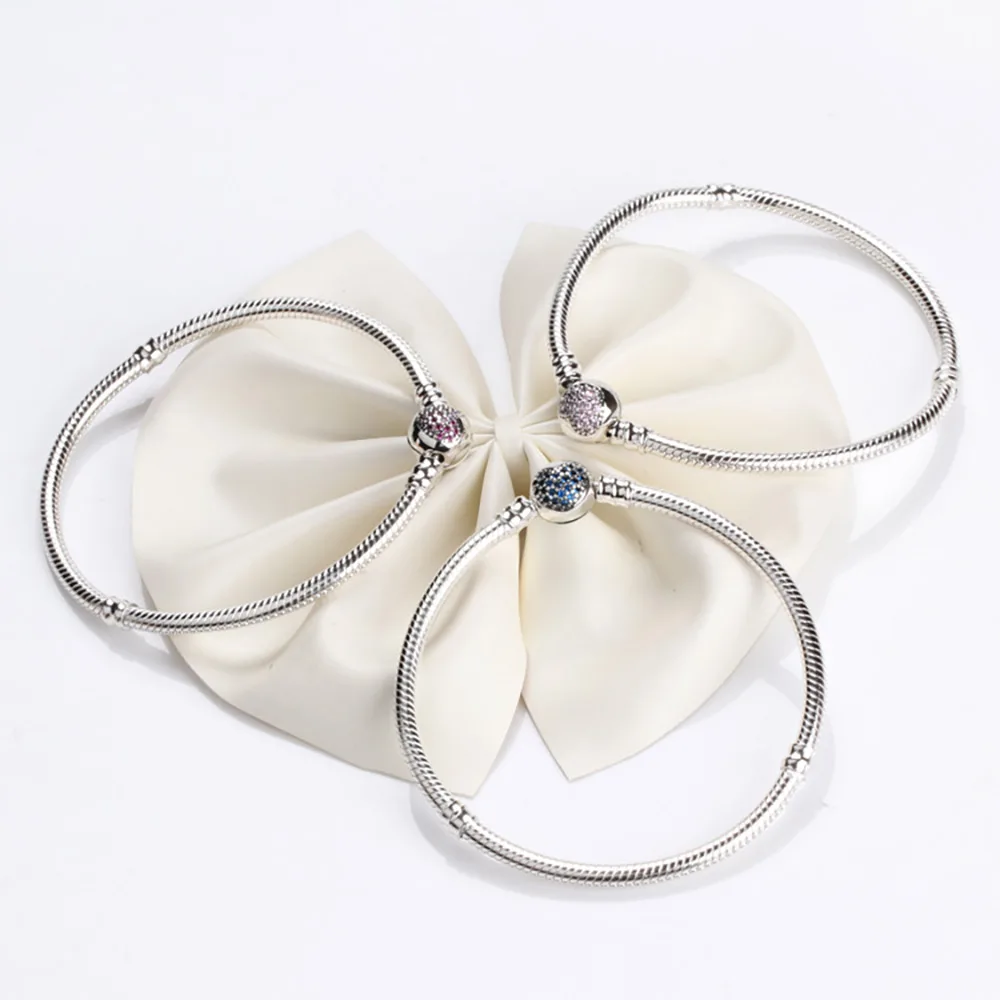 

Bracelet Sterling Silver heart bracelet Snake bone chain charm for bead Blue Sparkling CZ women bracelet jewelry gift