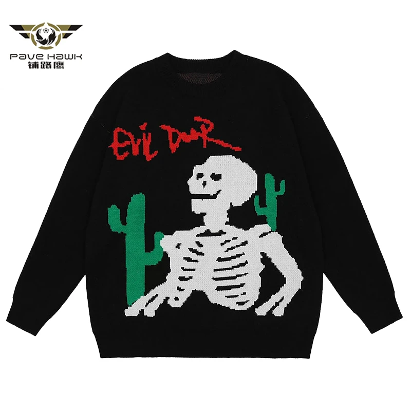 

Men's Oversized Cartoon Sweater Loose Cactus Skeleton Bone Printed Woman High Street Vintage Knitted Pullover Harajuku Sweater