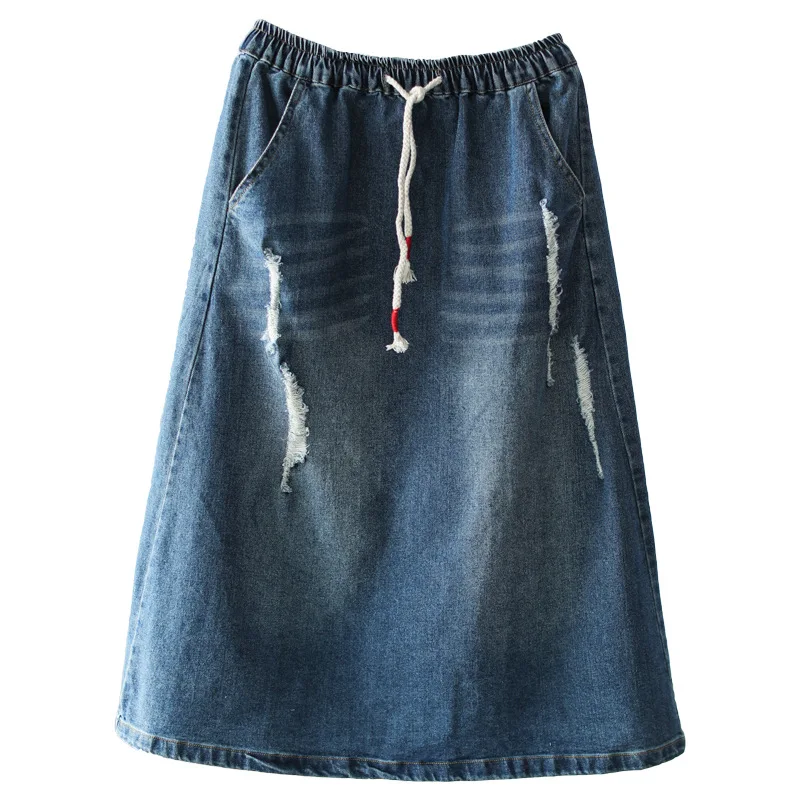 

New one-piece skirt women summer Denim skirt long Ripped skirt