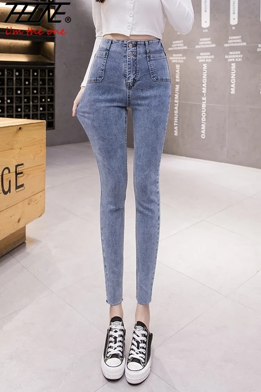 

THHONE Seluar Jeans Women Skinny Denim Pants High Waist Trousers Long Stretch Elastic Slim Korean Pockets Design Pencil Pants