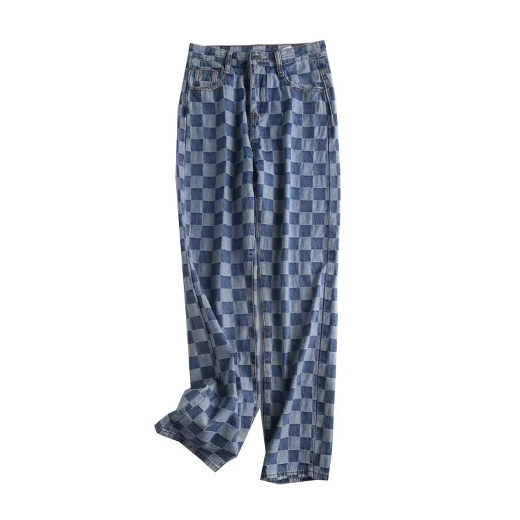 

Vintage y2k High Waist Plaid Women Streetwear Straight Long Pants Denim 90s Checkered Jeans 2020 Contrast Color