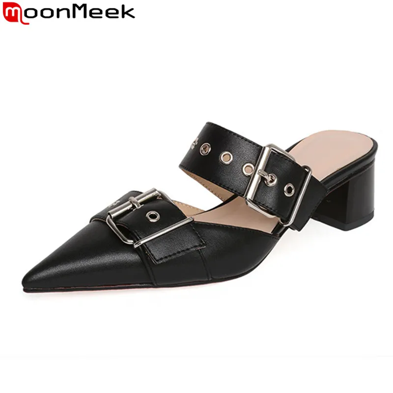 

MoonMeek 2020 new hot sale women slippers genuine leather square heels pointed toe ladies shoes summer mules shoes black