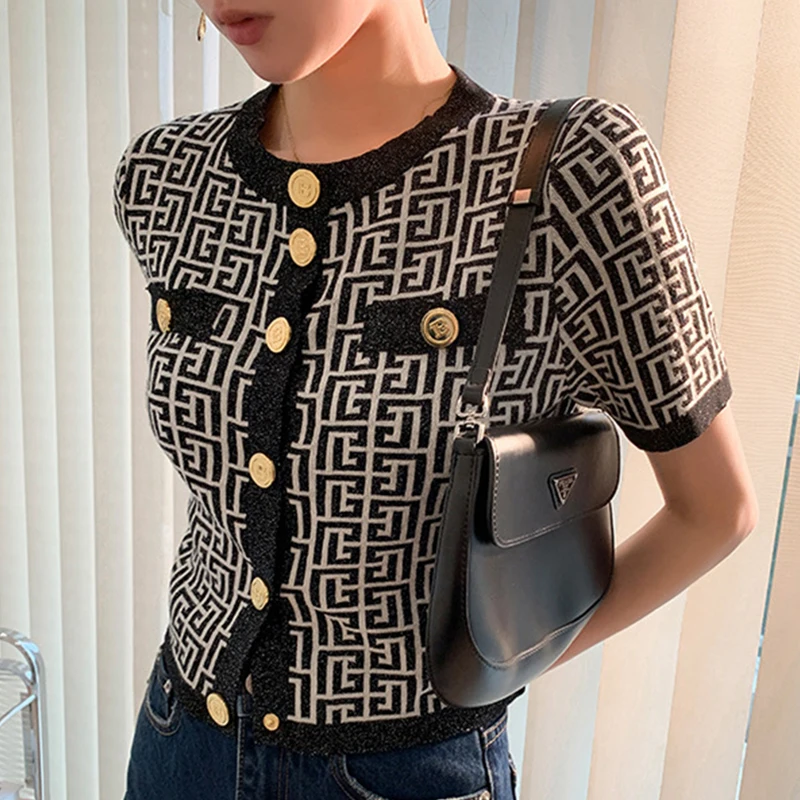 

Женский свободный вязаный кардиган, винтажный Свитшот в клетку с коротким рукавом и круглым вырезом