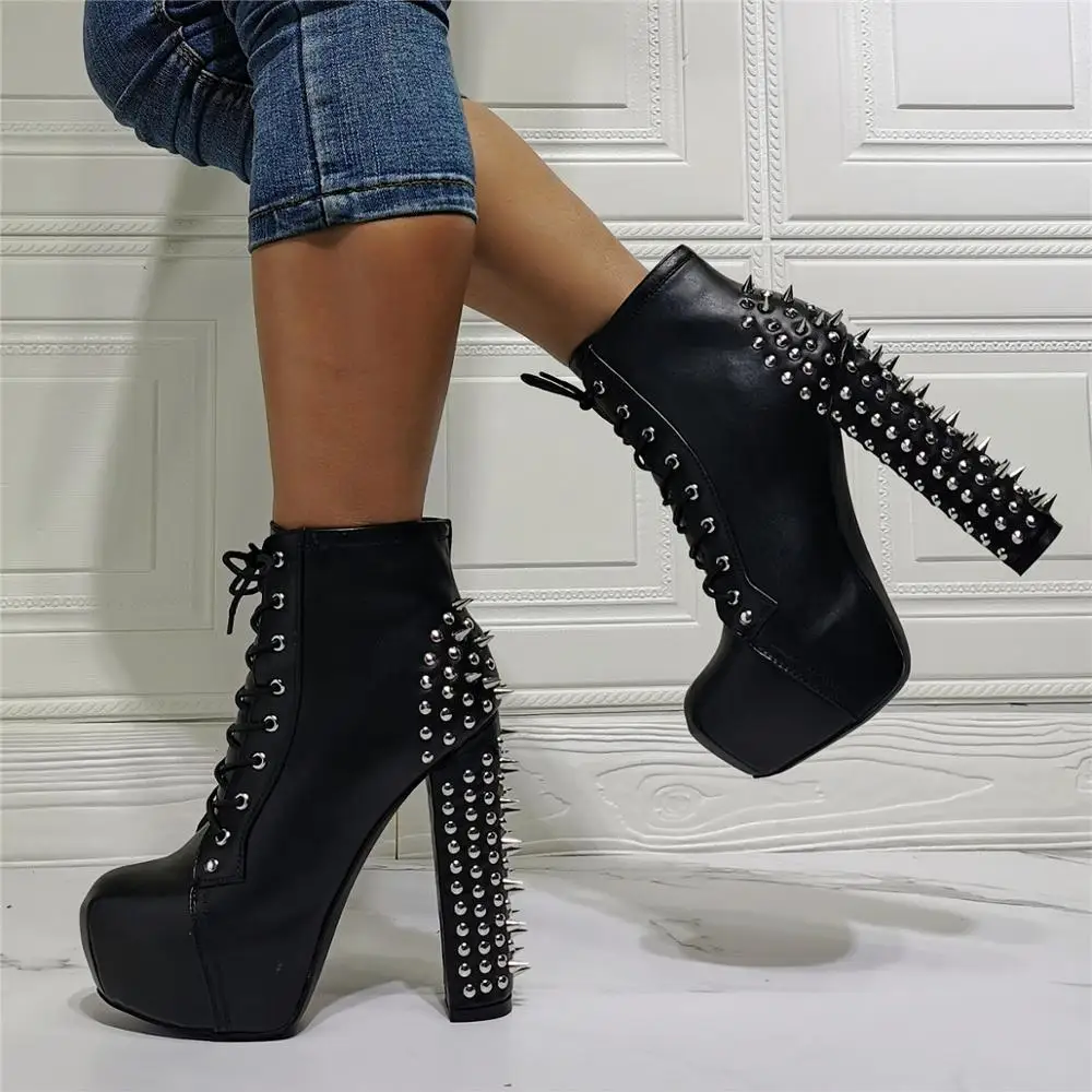

Drop Shipping New Woman Sexy Black Spikes Round Toe Ankle Boots Punk Style Lace Up Front Chunky Heels Short Rivets Botas Booties