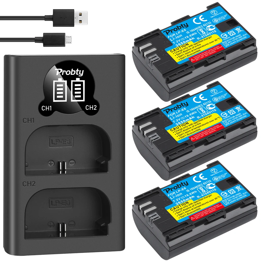 2pcs 2650mAh LP-E6 LPE6 LP E6 Camera Batteries + LED Charger For Canon EOS 5DS R 5D Mark II III 6D 7D 60D 60Da 70D 80D | Электроника
