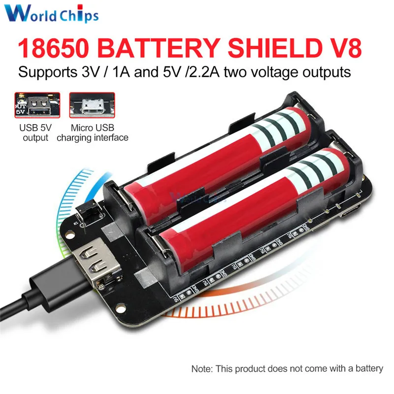 

2PCS Double 18650 Lithium Battery Shield V8 5V/3A 3V/1A Power Bank Battery Charging Module Micro USB For Arduino ESP32 ESP8266