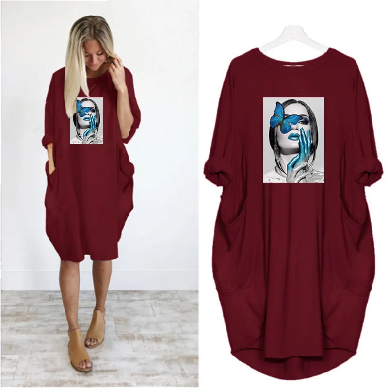 

Plus Size Women Midi Dress Loose Vogue Blue Butterfly Print Long Sleeve O Neck Pocket Casual Party Streetwear Vestido Robe Femme
