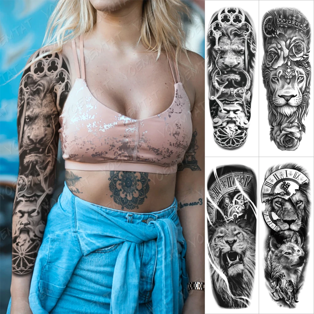 

Waterproof Temporary Full Arm Tattoo Stickers Lion Clock Rose Flash Tattoos Male Thigh Ink Body Art Big Fake Sleeve Tatto Women