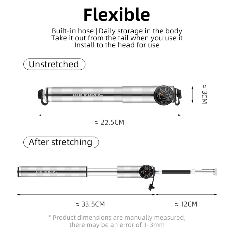 ROCKBROS High Pressure Bicycle Pump CNC Aluminum Alloy Dustproof Barometer AV/FV Ultralight Portable Inflator Bike Accessories | Спорт и