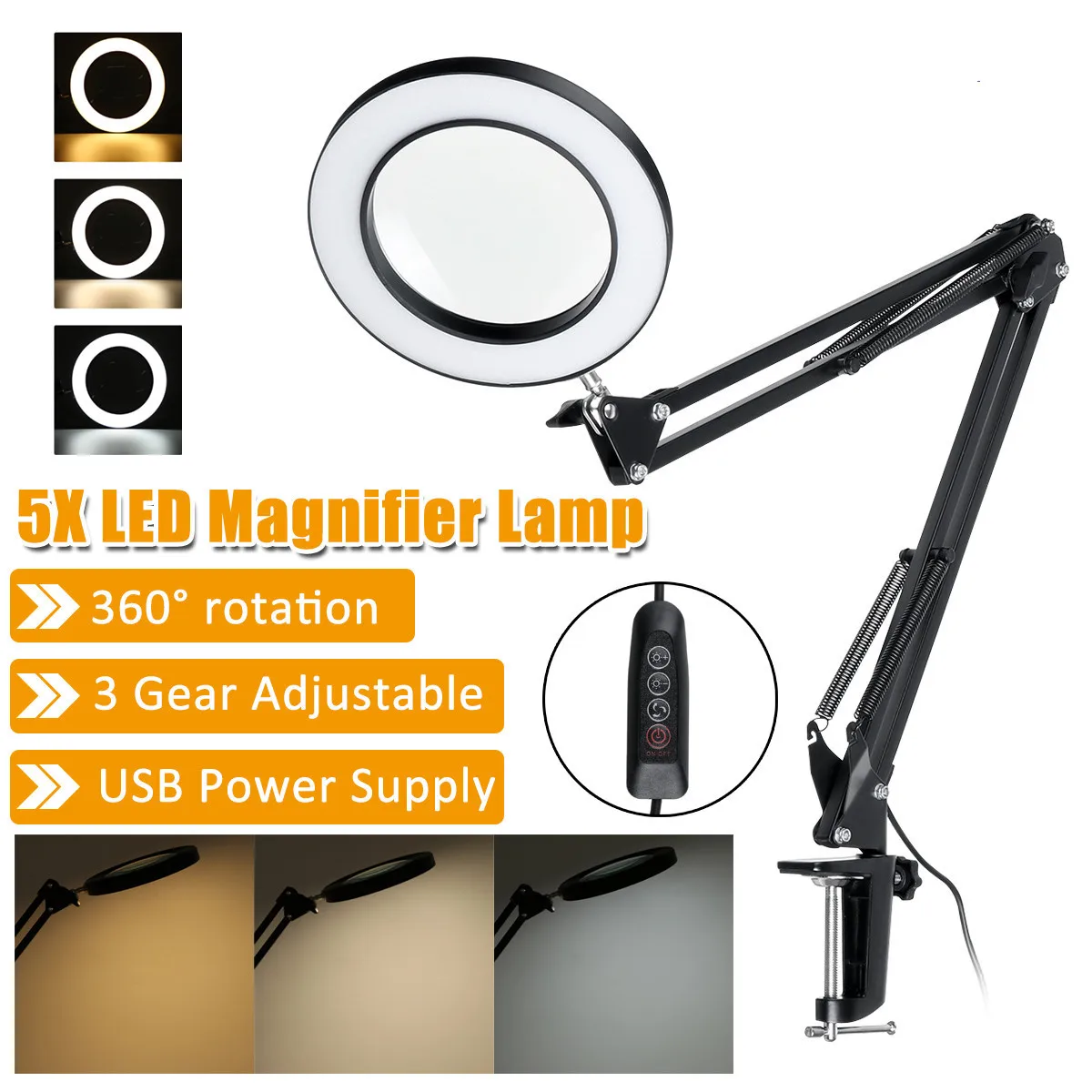 

5X USB СВЕТОДИОДНАЯ Лупа светильник 3 цвета, увеличительное стекло со светодиодной подсветкой, третья рука, инструмент для пайки, Настольный з...