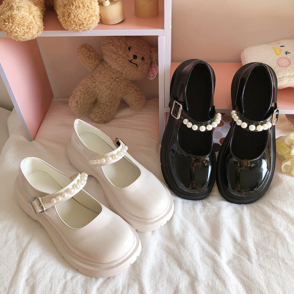 

Rimocy Patent Leather Wedge Lolita Shoes Women 2021 Pearl Buckle Thick Bottom Mary Jane Shoes Woman Sweet Cute Student Shoes