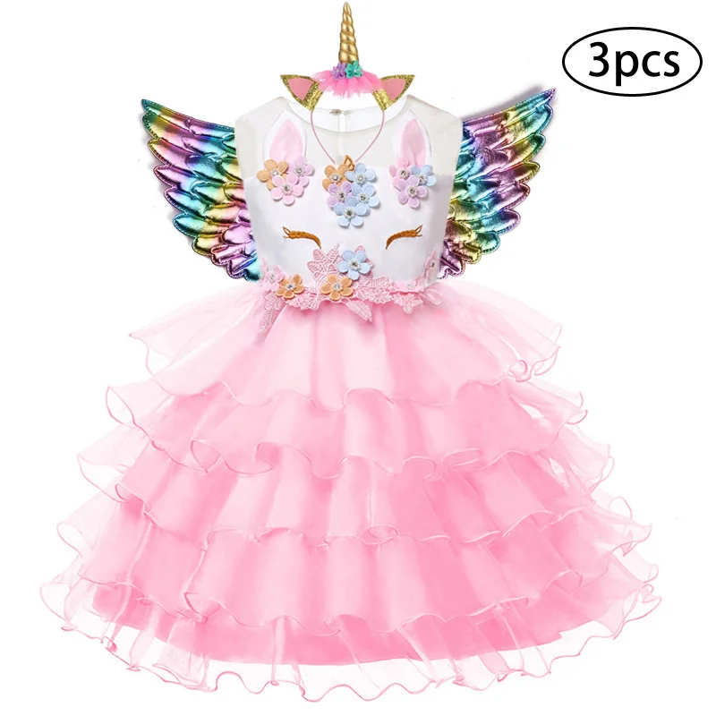 Girls Dress 3Pcs Kids Dresses For Unicorn Party Toddler Christmas Costume Child Princess 3 4 5 6 7 8 9 10 Year | Детская одежда и