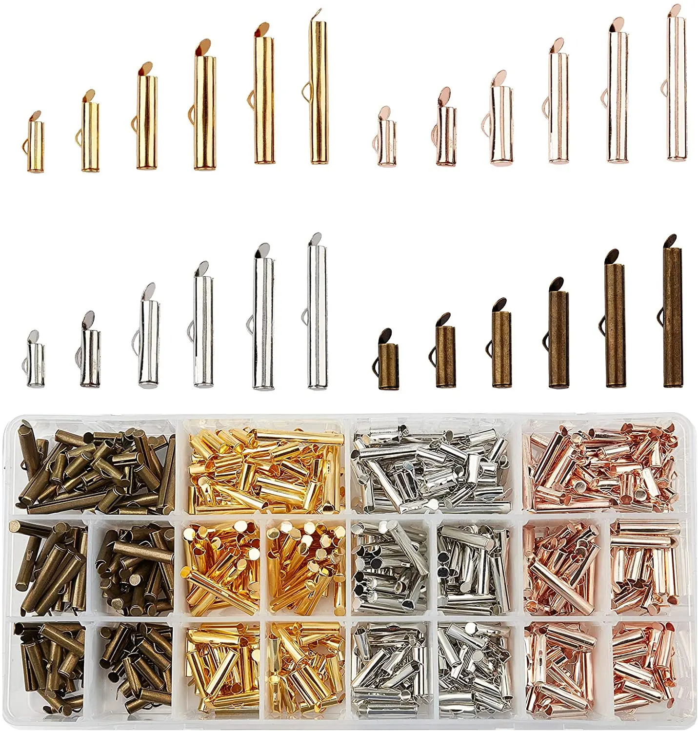 

480PCS 4 Colors Slider End Clasps Tubes Terminators Tubes Slider End Caps Slide Tube End Bar (10/13 / 16/20 / 25 / 30mm)
