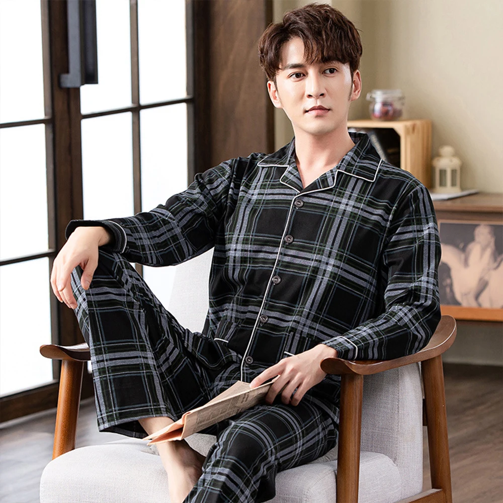 Spring autumn 100%Cotton Pajamas Sets For Men Plaid Sleepwear Suit Casual Home Clothes Pijamas Hombre Loungewear Plus Size 4XL