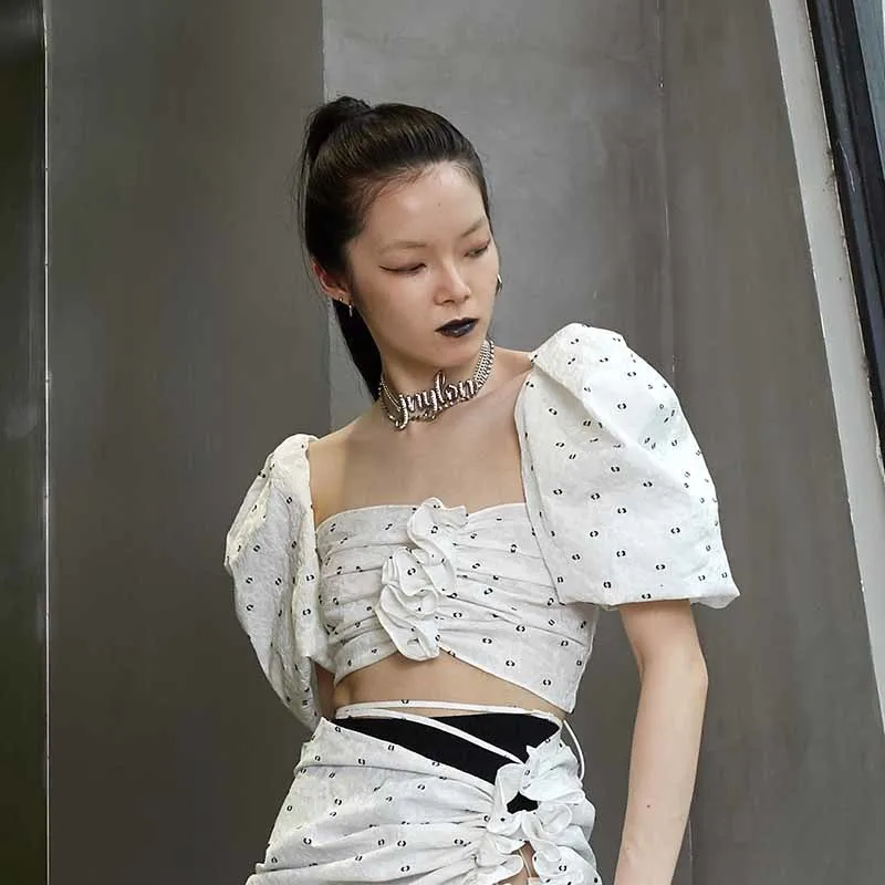 

White Print Sexy Shirts For Women Square Collar Puff Short Sleeve Pullover Blouses Females Summer 2021 New Clothing