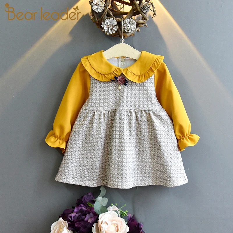 Bear Leader/милые платья с оборками для девочек Новинка 2020 года Осеннее лоскутное