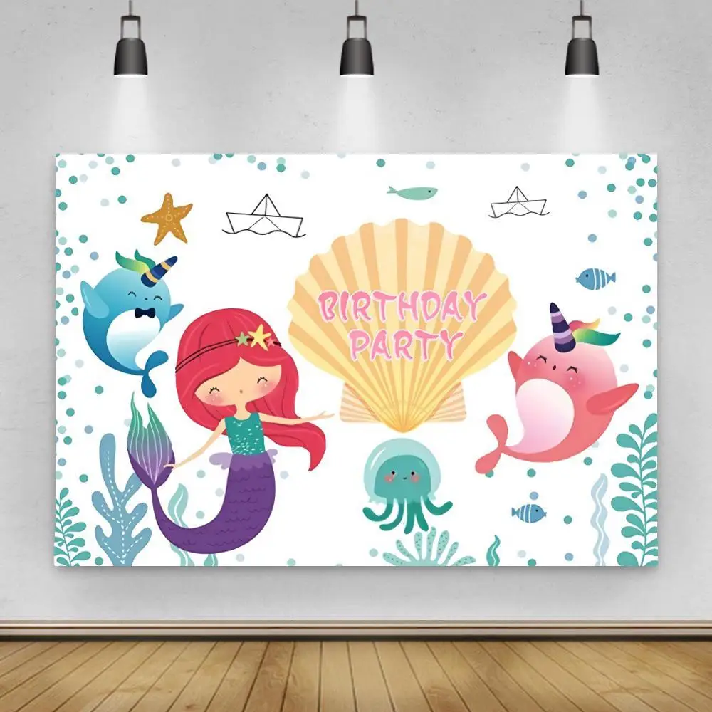 

Little Mermaid Princess Girl Birthday Party Backgrounds Decor Underwater Cartoon Shark Coral Kids 1st Cake Table Backdrops