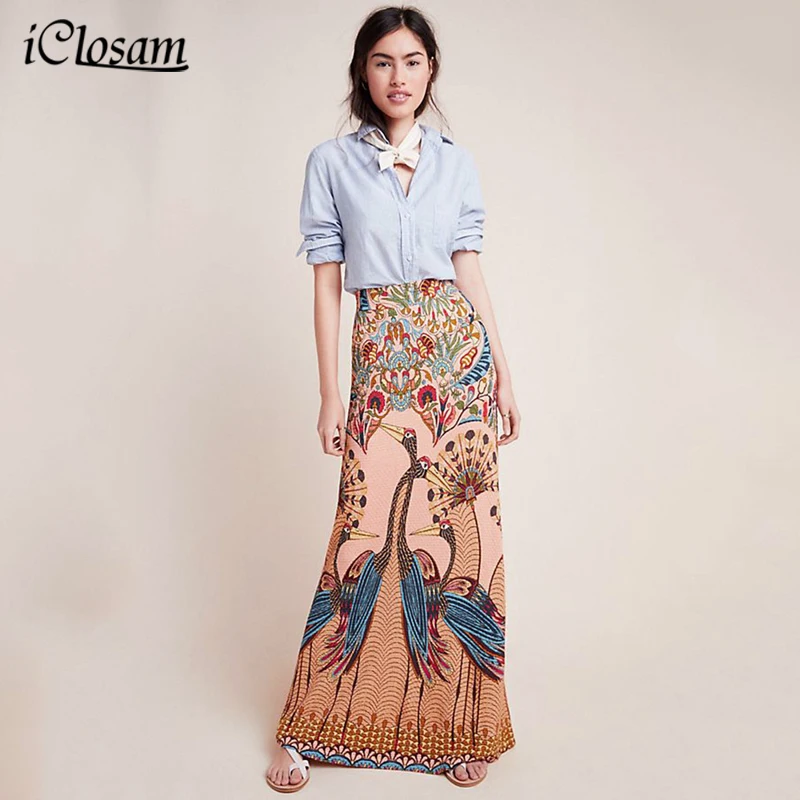 IClosam Boho летние женские миди юбки цветочный принт Павлин Высокая талия винтажная